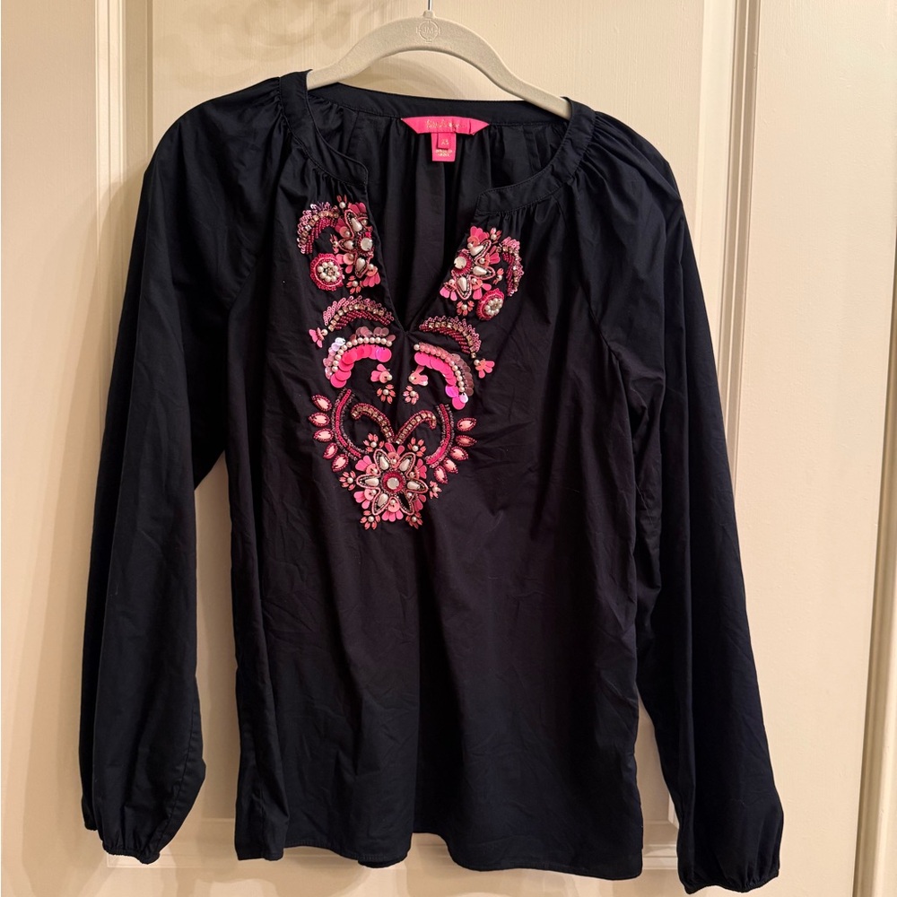 Girls' Black Embellished Long-Sleeve Top with Pink Accents